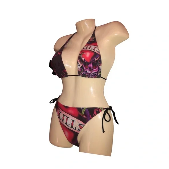 Rare Vintage Ed Hardy “Love Kills” Skull String Bikini Set – Size Small - Picture 6 of 7
